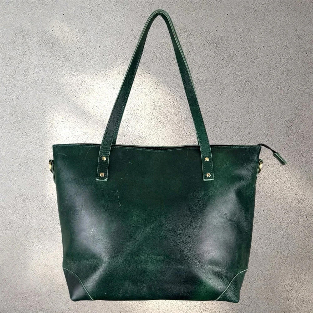 Montana Hudson‎ Eva Leather Green Zip Tote Laptop Bag w/ Shoulder Strap
